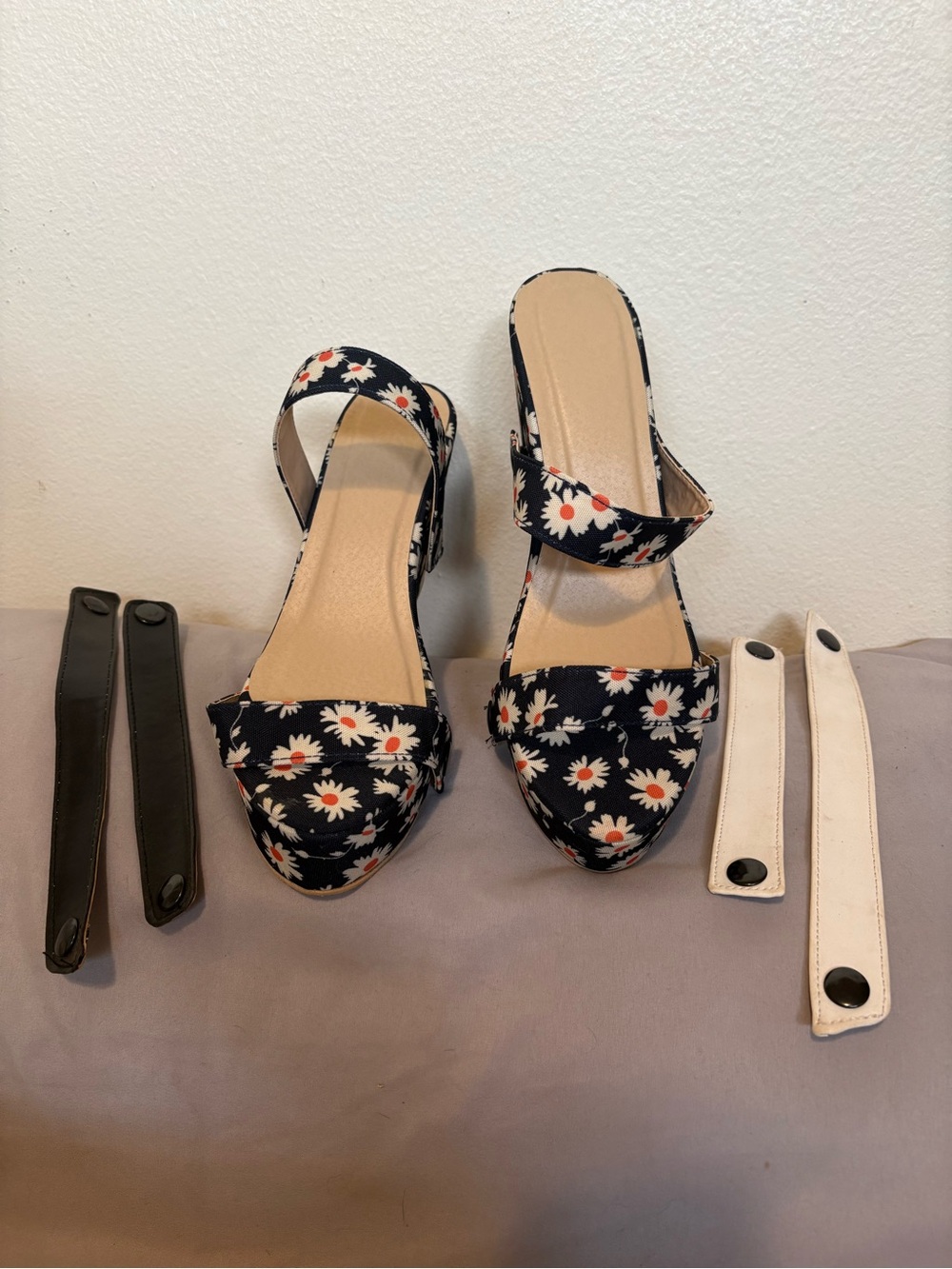 Daisy Print Strappy Heels in black